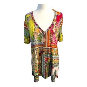 Johnny Was Pink and Yellow Graphic Relaxed Tee